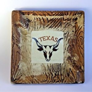 VINTAGE TEXAS LONGHORN Wood Look CERAMIC ASHTRAY COWBOY RUSTIC WESTERN Souvenir